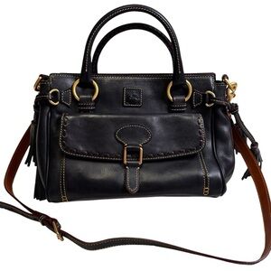 Dooney & Bourke Black Leather Satchel with Brown Strap and Gold Hardware Accents